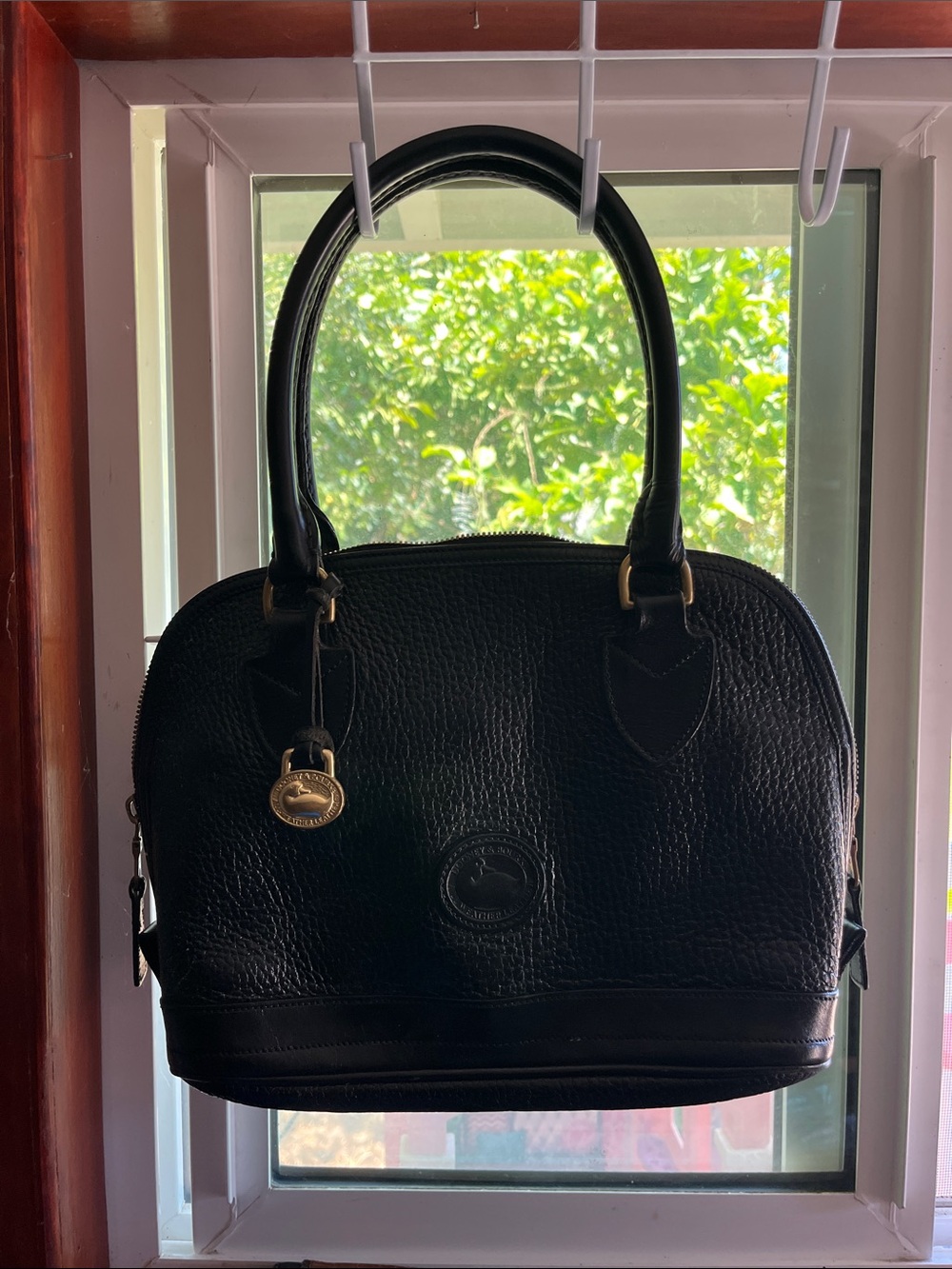 Dooney & Bourke Black Pebbled Leather Dome Satchel with Gold Hardware